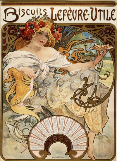 1897、1896年のカレンダーとして設計されたビスケットLefevre-Utile」 作： Alphonse Mucha