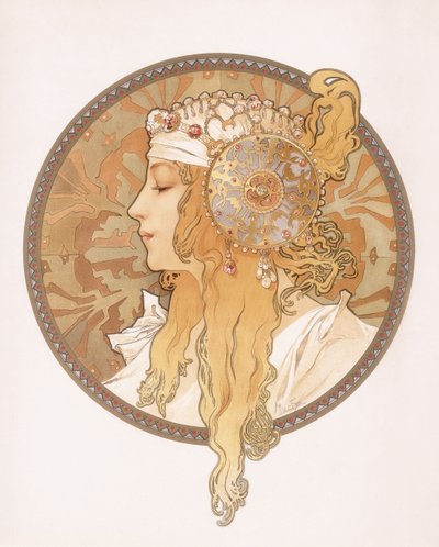 金髪の乙女のビザンチンの頭。金髪の女性のビザンチンの頭、1897年頃 作： Alphonse Mucha