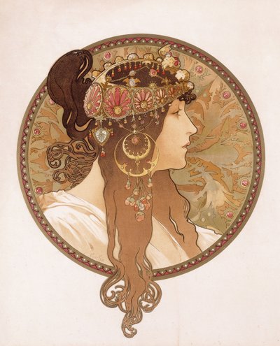 ブルネットのビザンチンの頭。ブルネットのビザンチンの頭、1897年頃 作： Alphonse Mucha