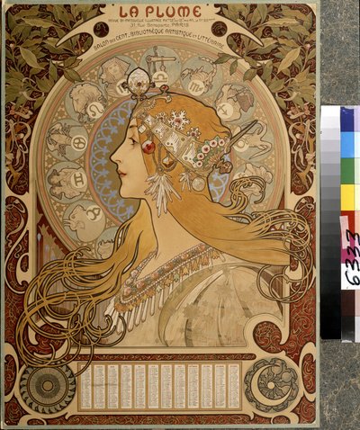 サロン・デ・サンが発行する月刊誌「ラ・プルーム」のイラスト入りカレンダー。 芸術と文学の図書館。 アルフォンス マリア ミュシャ (アルフォンス マリー ミュシャ) のアートワーク 作： Alphonse Marie Mucha