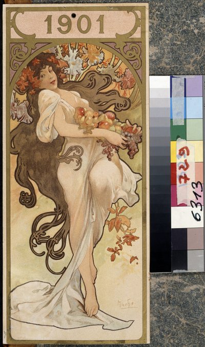 1901 年のカレンダー。 アルフォンス マリア ミュシャ (アルフォンス マリー ミュシャ) のアートワーク 作： Alphonse Marie Mucha
