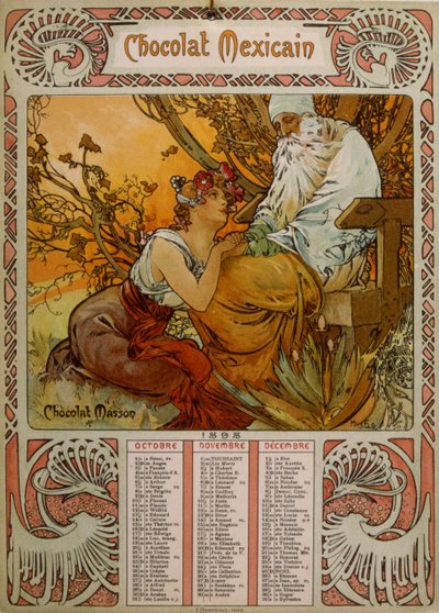 ミュシャ（1860-1939）が描いたチョコレート・マッソンのカレンダー。 作： Alphonse Mucha