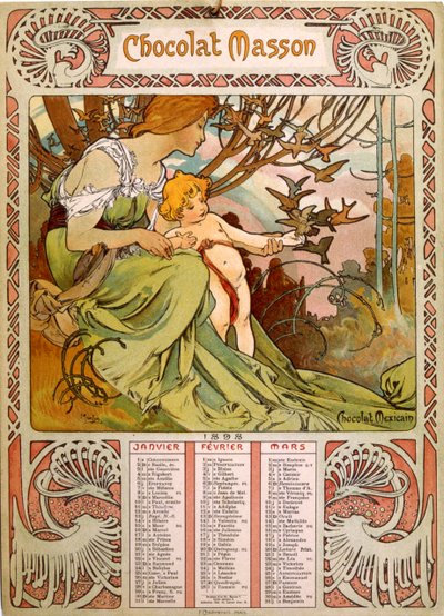 ミュシャ（1860-1939）が描いたチョコレート・マッソンのカレンダー。 作： Alphonse Mucha