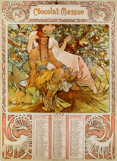 ミュシャ（1860-1939）が描いたチョコレート・マッソンのカレンダー。 作： Alphonse Mucha
