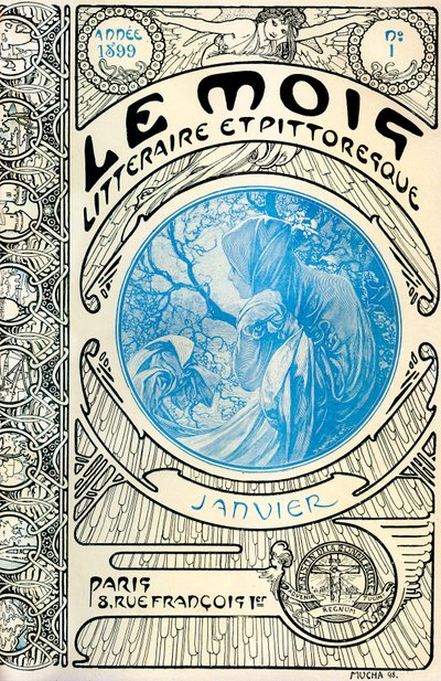 アルフォンス・ミュシャ（1860-1939）の雑誌（月刊誌）『リタラシーで絵画的な月』の表紙。1899年1月 - メゾン・ドゥ・ラ・ボン・プレス - (Maison de la Bonne Presse) 作： Alphonse Mucha