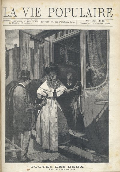 駅のホームで列車に乗り込む男女の別れ際。イラスト：アルフォンス・マリア・ミュシャ（Alphonse Marie Mucha 作： Alphonse Mucha