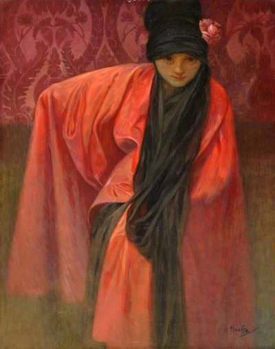 赤い服の少女 ミュシャ、アルフォンス・マリー（1860-1939）、1914年頃 - キャンバスにテンペラ、60,5x47 - 個人蔵 作： Alphonse Mucha