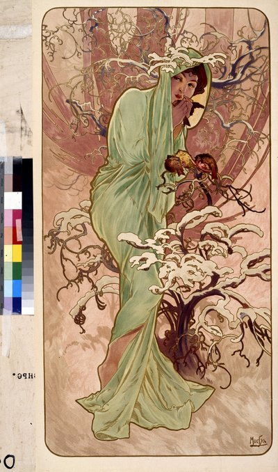 冬（四季のアレゴリーシリーズ）。 アルフォンス マリア ミュシャ (アルフォンス マリー ミュシャ) のアートワーク 作： Alphonse Marie Mucha