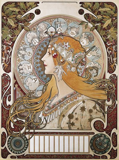 ムシャ、アルフォンス・マリア（1860-1939）。ゾディアック1896.(67 x 48 cm)。雑誌 "La Plume"（羽）の広告ポスターとカレンダー。モダニズム。リトグラフィー 作： Alphonse Marie Mucha