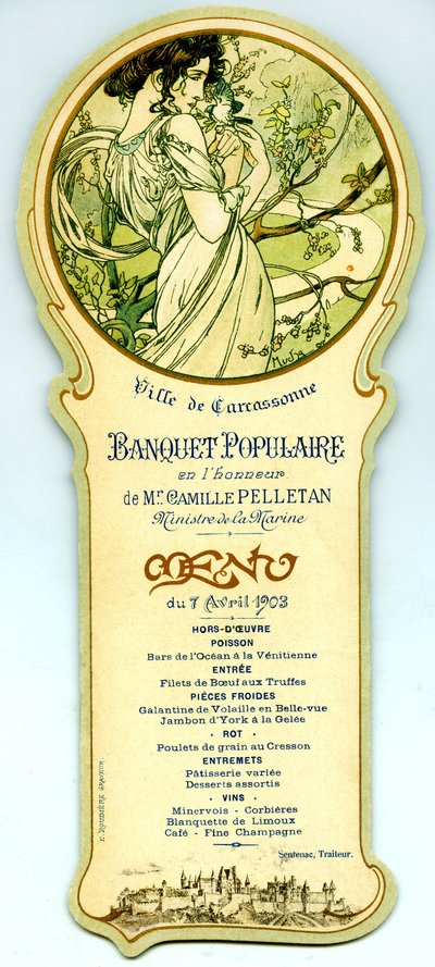4月7日にカルカソンヌで開催された人気の宴のメニュー 作： Alphonse Mucha