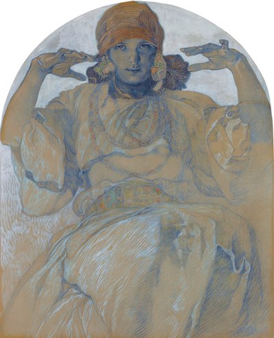 「アルフォンス・ミュシャ（1860-1939）の絵画-1924年頃 薄紙 51x41 cm 個人蔵 作： Alphonse Mucha