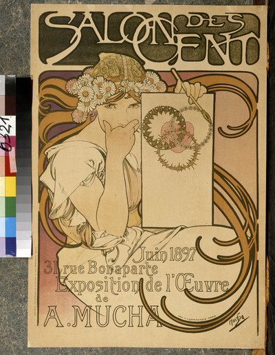 1897年6月、パリのボナパルト通り31番地、サロンデサンでのA.ムチャの展示を宣伝するポスター（カラーリトグラフ） 作： Alphonse Mucha