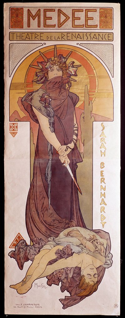 ルネッサンス劇場で上演されたアンリエット・ロジーヌ・ベルナール（サラ・ベルナール）（1844-1923）の「メデ」のポスター。アルフォンス・ミュシャ（1860-1939）のイラスト パリ、装飾美術 作： Alphonse Mucha