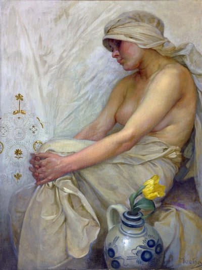 座る少女 par Mucha, Alfons Marie (1860-1939), c. 1914 - テンペラ、キャンバス、80x60 - Private Collection 作： Alphonse Mucha