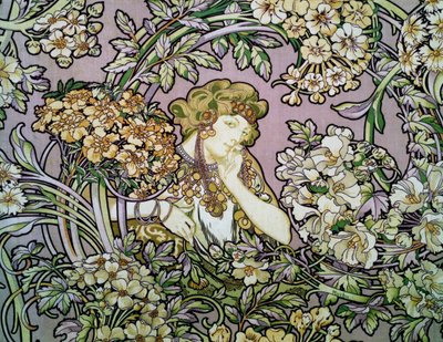 花の中の女、1900年頃（シルクベルベットにリトグラフ 作： Alphonse Marie Mucha