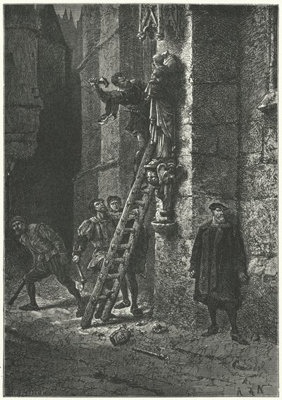 パリのノートルダム寺院の聖母子像を破壊するプロテスタントの人々 作： Alphonse Marie de (after) Neuville