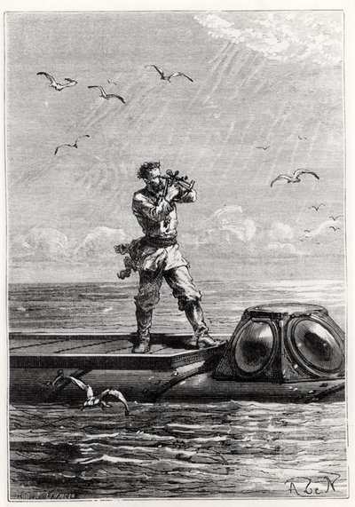 アンリテオフィルヒルディブランド（1824-97）によって刻まれたジュールヴェルヌ（1828-1905）による「海底20,000リーグ」のノーチラスの上にいるキャプテンネモ 作： Alphonse Marie de Neuville