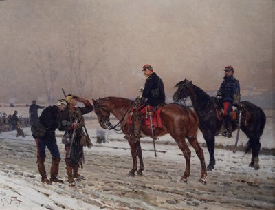 負傷した将校を支える移動式衛兵に質問する将軍（1870年12月 作： Alphonse Marie de Neuville