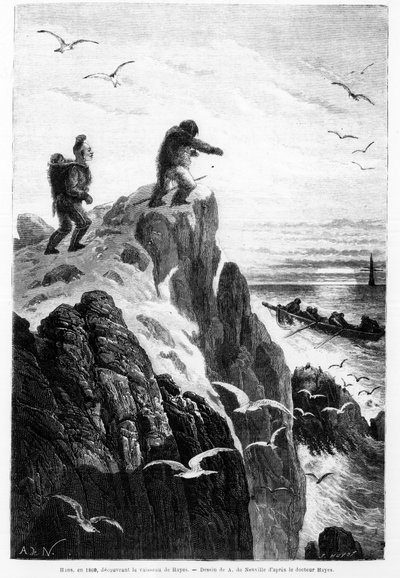 1860年、ヘイズの船を発見したハンス - 「極地の自由海、北極海での発見の航海」の中でヘイズ博士が描いたノイヴィルの絵 作： Alphonse Marie de Neuville