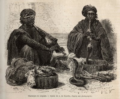 笛を吹いて爬虫類を引き寄せる蛇の商人（Les charmeurs de serpents）：1864年から1868年にかけて行われたラジャのインドへの航海を描いたA.de Neuvilleの絵をもとに、Louis Rousseletが「Le tour」に掲載したもの。 作： Alphonse Marie de Neuville