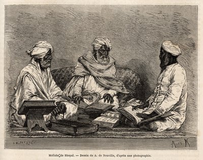 Les mullahs de la mosque de Bhopal（ボパールのモスクのイスラム教徒たち）、イスラム教の争点について完全に議論している、A. de Neuvilleの図面に基づくエングレーヴィング、1864年から1868年にかけてのラジャのインド旅行を描いたもの、Louis Rousselet著、「Le to 作： Alphonse Marie de Neuville