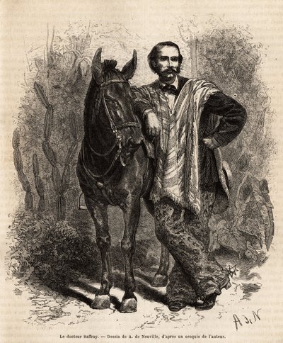 1869年にサフレイ博士が行ったニューグラナダへの航海を描いたA. de Neuvilleの図面に基づくエングレーヴィングで、1873年にEdouard Chartonが編集した "Le tour du monde "に掲載された旅行服を着たサフレイ博士の肖像。 作： Alphonse Marie de Neuville