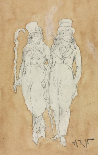 19世紀後半の2人の若者のファッションスタンディング。 作： Alphonse Marie de Neuville