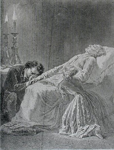 ジャンヴァルジャンの死、ヴィクトルユーゴー作レミゼラブルのイラスト（1802-85） 作： Alphonse Marie de after Neuville