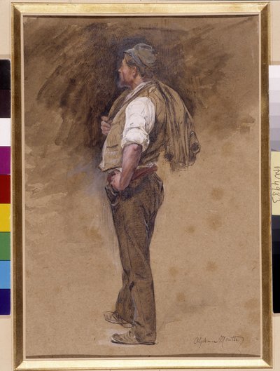 ファーマーはジャケットを頭にかぶっています。 Alphonse Moutte (1840-1913) による絵画、必須の言及: プロヴァンス、マルセイユのコレクション財団の敬意 (薄暗い 27x18) 作： Alphonse Moutte
