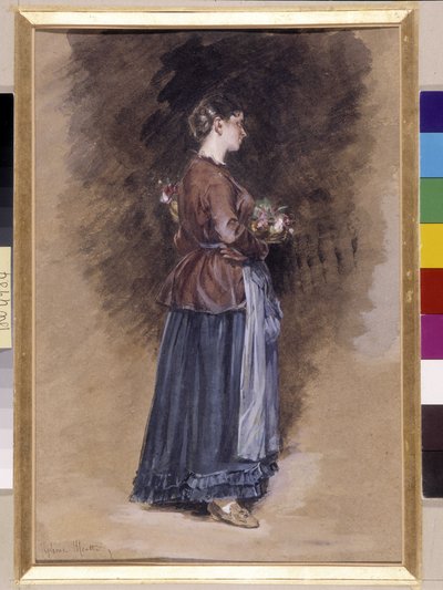 花のバスケットを持つ農家 Alphonse Moutte (1840-1913) の絵画、薄暗い cm 27x18 必須の言及: プロヴァンス、マルセイユのコレクション財団について 作： Alphonse Moutte