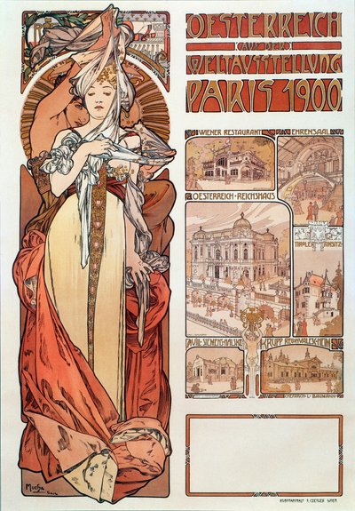 パリ1900年の万国博覧会に出展したオーストリアのアルフォンスミュシャ（1860〜1939年）の広告ポスター-薄暗い68x98,5 cm展示会での「オーストリア」のアルフォンスミュシャの広告ポスター 作： Alphonse Mucha