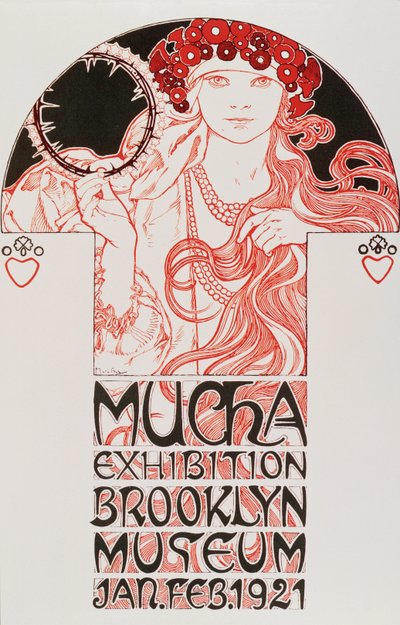 アルフォンス・ミュシャ（1860-1939）による「ムチャ展、ブルックリン美術館」の広告ポスター、1921年-ニューヨークのブルックリン美術館でのミュシャ展の広告ポスター、1921年 作： Alphonse Mucha
