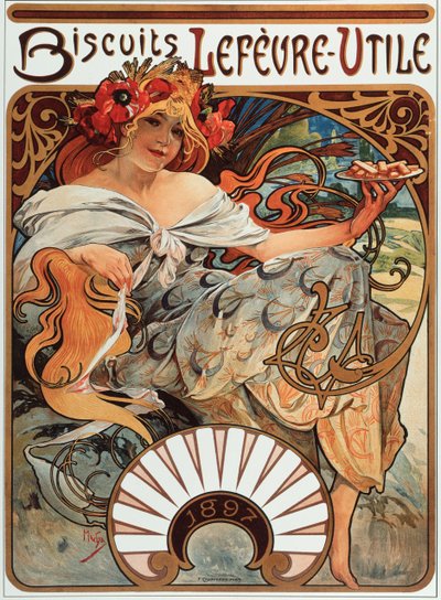 アルフォンス・ミュシャ（1860-1939）によるビスケット「” Lefevre-Utile”」の広告ポスター、1897年-アルフォンス・ミュシャによるLefevre Utileビスケットの広告ポスター、1897年Dim 44x61 cm-プライベートコレクション 作： Alphonse Mucha