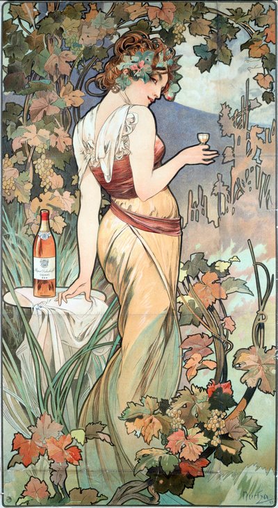 アルフォンスミュシャ（1860〜1939年）による、1899年のコニャックビスキットの広告ポスター-1899年の「コニャックビスキット、ドゥブーシュ」の広告ポスター太陽61x32 cmプライベートコレクション 作： Alphonse Mucha