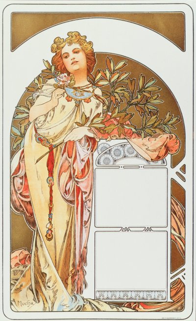 Alphonse Mucha（1860-1939）による1898年のカレンダーの広告ポスター-薄暗い31x51 cm Alphonse Muchaによるカレンダーの広告ポスター、1898年-プライベートコレクション 作： Alphonse Mucha