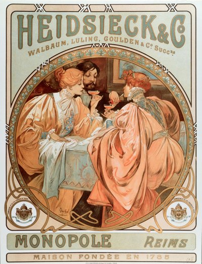 “” Heidsieck and co“” Maison de Champagne Charles Heidsieck、Alphonse Mucha（1860-1939）によるリソグラフィーの広告ポスター1901-Heidsieck Champagne会社の広告ポスター、1901-Sun 49x 作： Alphonse Mucha