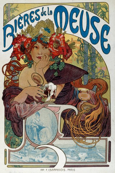 アルフォンス・ミュシャ(1860-1939)が描いた「Les bieres de la Meuse」の広告ポスター 1898年 パリ、装飾美術 作： Alphonse Mucha