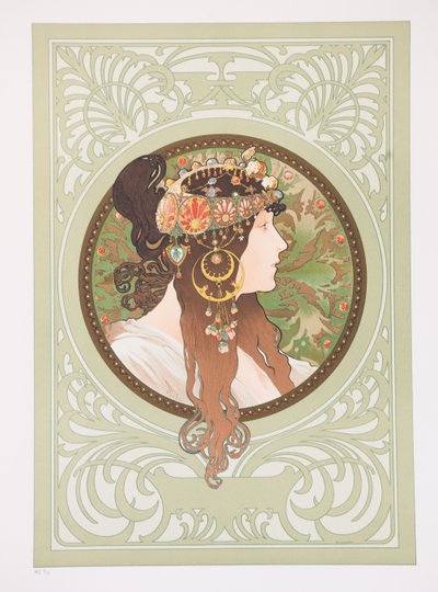 ビザンチンの頭：ブルネット、1897。 作： Alphonse Mucha