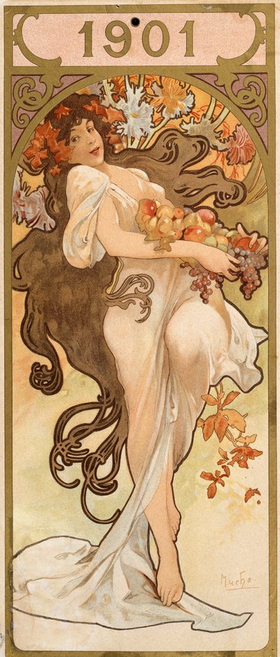 1901年、c1900のカレンダー。 作： Alphonse Mucha