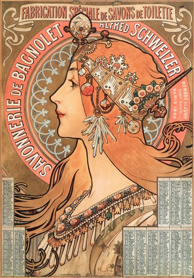 石鹸会社Savonnerie de Bagnolet Alfred Schweizerのアルフォンスミュシャ（1860-1939）による広告イラストの1898年のカレンダーの装飾者-アルフォンスによる広告イラスト（1年のカレンダーページ 作： Alphonse Mucha