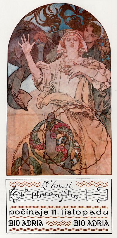 DeForest Phonofilm。 1927年、プラハのアドリアで最初のミュージカルサウンドフィルムの1つを上映 作： Alphonse Mucha