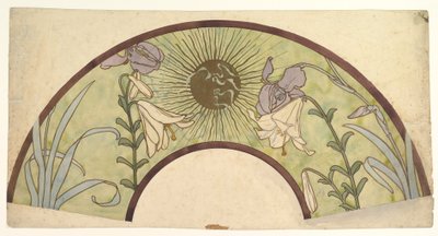 19世紀後半から20世紀半ばまで、サンバースト、ユリ、アイリスを備えたファンのデザイン 作： Alphonse Mucha