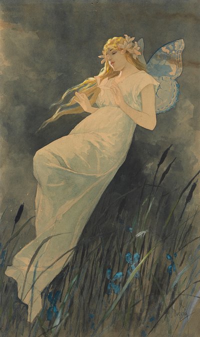 アイリスの花を持つエルフ、ca。 1886-1890。 作： Alphonse Mucha