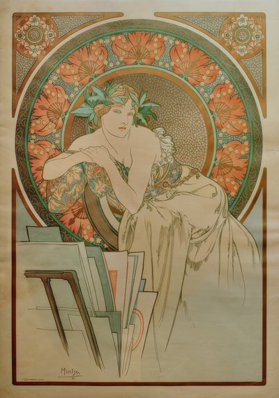 ポピーの花を持つ女性とグラフィック・ポートフォリオ 作： Alphonse Mucha