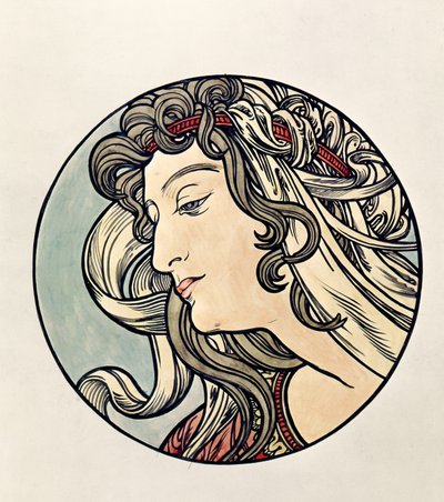 女性の頭 作： Alphonse Mucha
