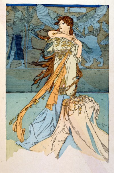 アルフォンス・ミュシャによる、ポール・ヴェロラの3幕の詩「ラーマ」の挿絵（1898年頃）。ミュシャ（1860年～1939年）は、チェコのアールヌーボーの画家です。 作： Alphonse Mucha