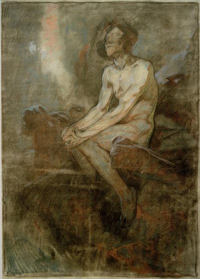 岩の上に座る男性ヌード 作： Alphonse Mucha