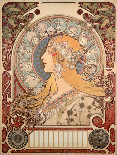 雑誌「ラプルーム」のアルフォンスミュシャ（1860-1939）によるポスター、1896年-「ラプルーム」レビューのアルフォンスミュシャ（1860-1939）によるポスターイラスト、1896年（薄暗い65x48 cm）-プライベートコレクション 作： Alphonse Mucha