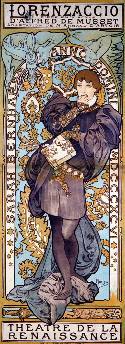 ロレンツァッチョアルフレッドデムセットのポスター、サラベルナール、パリ、1896年 作： Alphonse Mucha
