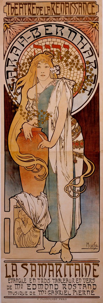 1897年にルネッサンス劇場で上演されたエドモン・ロスタン作「La Samaritaine」（アンリエット・ロジーヌ・ベルナール（サラ・ベルナール）（1844-1923））のポスター。アルフォンス・ミュシャ（1860-1939）によるドローイング 1897年 作： Alphonse Mucha